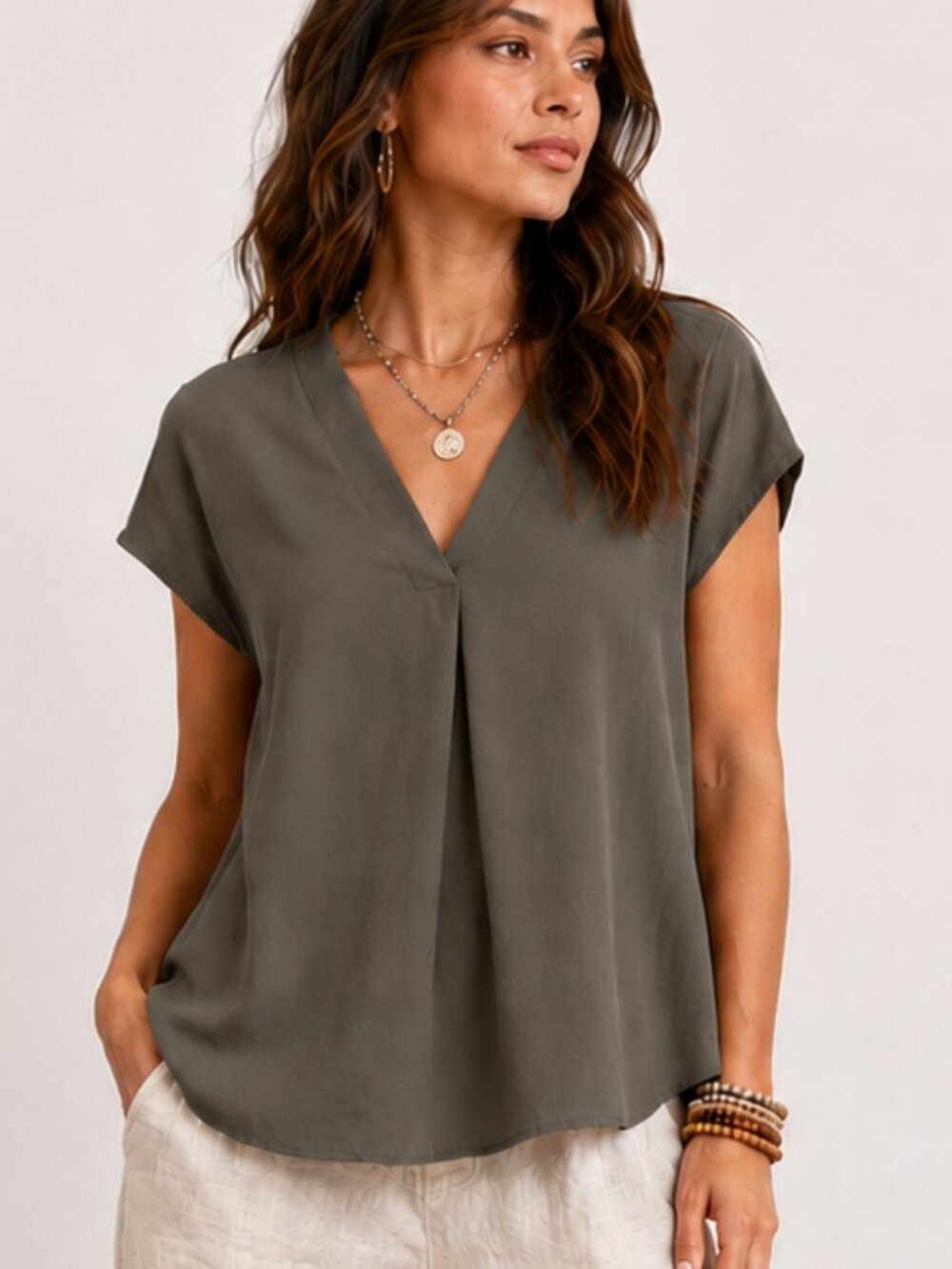 HALOGEN V-Neck Cap Sleeve Blouse Olive Green Inverted Pleat Career Top L
